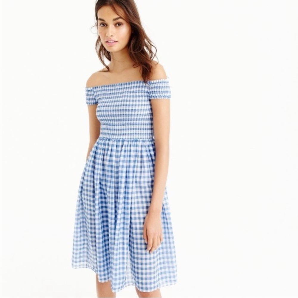 J. crew Gingham Check Smocked Off-the-Shoulder Dress